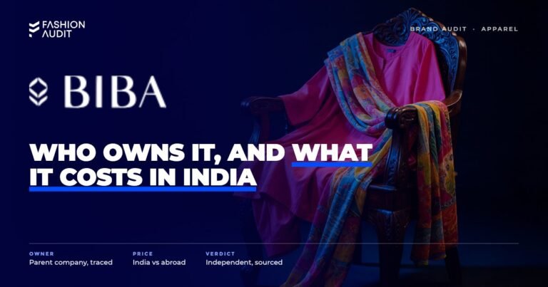 Biba brand audit by FashionAudit: Biba logo over a vibrant cotton salwar suit with a printed dupatta on a carved chair