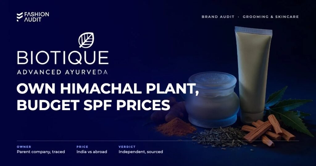Biotique brand audit by FashionAudit: Biotique logo and the headline “Own Himachal Plant, Budget SPF Prices” over creams with turmeric