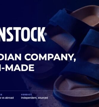 Birkenstock brand audit by FashionAudit: Birkenstock logo and the headline “Own Indian Company, German-Made” over a pair of suede two-strap sandals with contoured cork footbeds