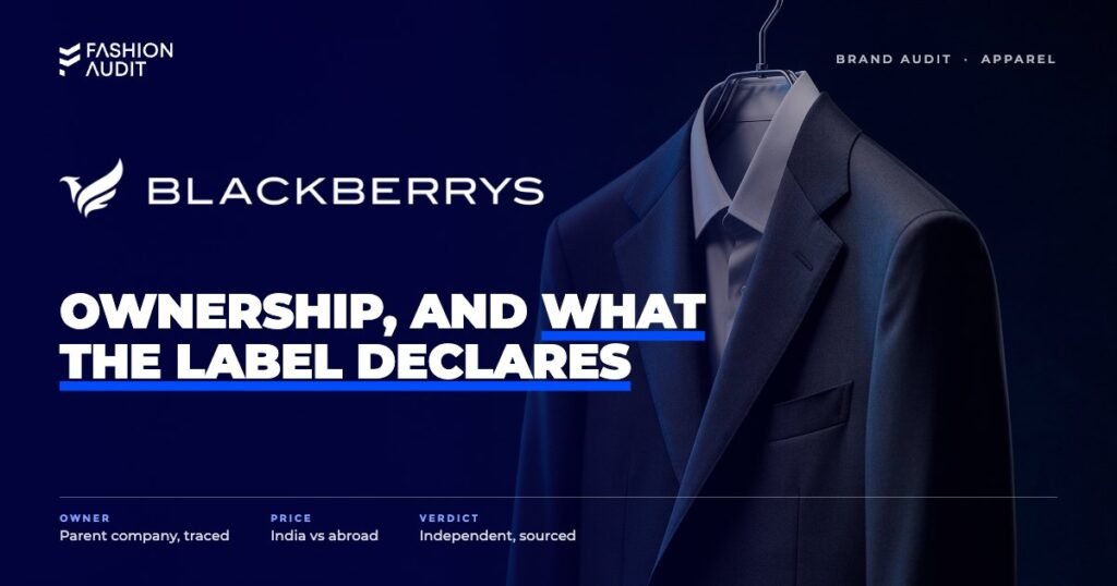 Blackberrys brand audit by FashionAudit: Blackberrys logo over a sharp charcoal men's blazer and crisp shirt on a sleek hanger