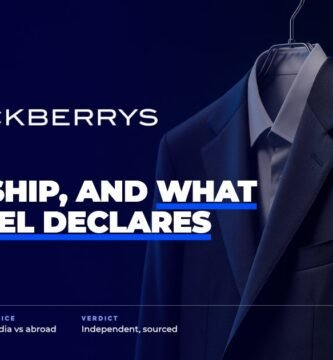 Blackberrys brand audit by FashionAudit: Blackberrys logo over a sharp charcoal men's blazer and crisp shirt on a sleek hanger