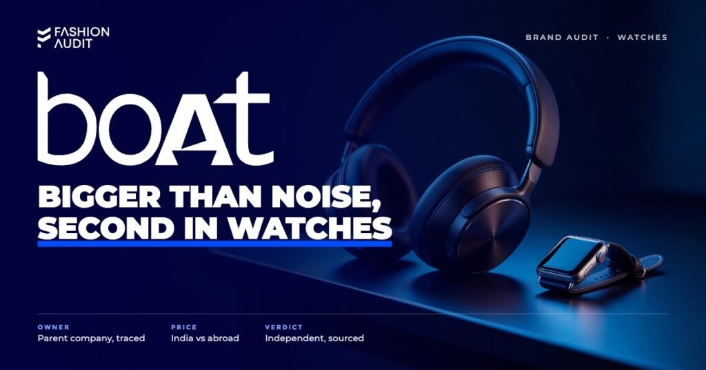 boAt brand audit by FashionAudit: boAt logo over wireless headphones and a smartwatch on a neon-lit desk
