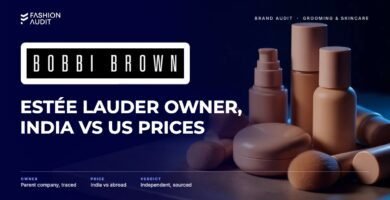 Bobbi Brown brand audit by FashionAudit: Bobbi Brown logo and the headline “Estée Lauder Owner, India vs US Prices” over foundation bottles