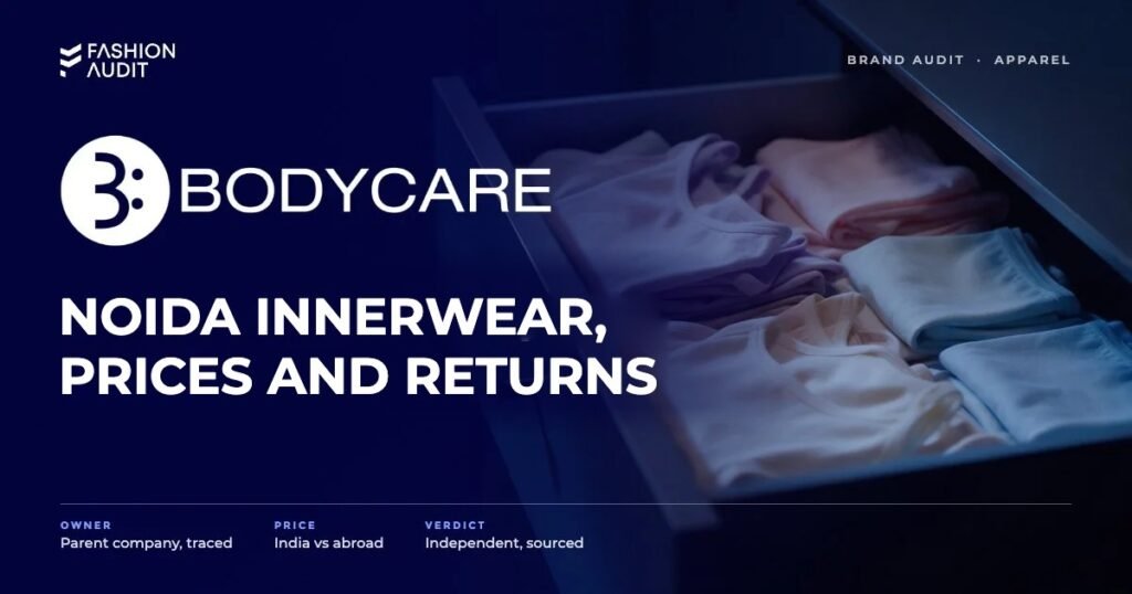 Bodycare brand audit by FashionAudit: Bodycare logo and the headline “Noida Innerwear, Prices and Returns” over soft cotton innerwear and camisoles in pastel shades folded in an open drawer