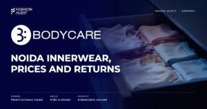Bodycare brand audit by FashionAudit: Bodycare logo and the headline “Noida Innerwear, Prices and Returns” over soft cotton innerwear and camisoles in pastel shades folded in an open drawer