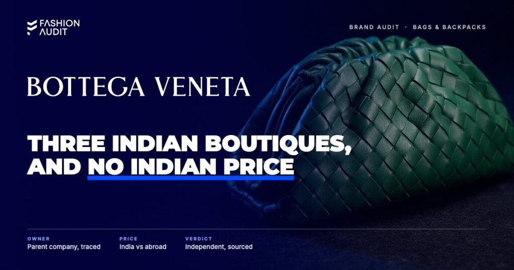 Bottega Veneta brand audit by FashionAudit: Bottega Veneta logo over a soft hand-woven leather pouch bag in deep green