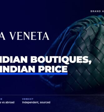 Bottega Veneta brand audit by FashionAudit: Bottega Veneta logo over a soft hand-woven leather pouch bag in deep green