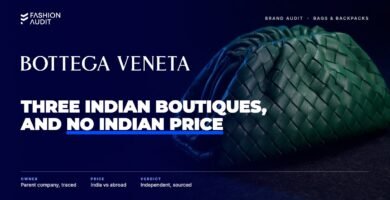 Bottega Veneta brand audit by FashionAudit: Bottega Veneta logo over a soft hand-woven leather pouch bag in deep green