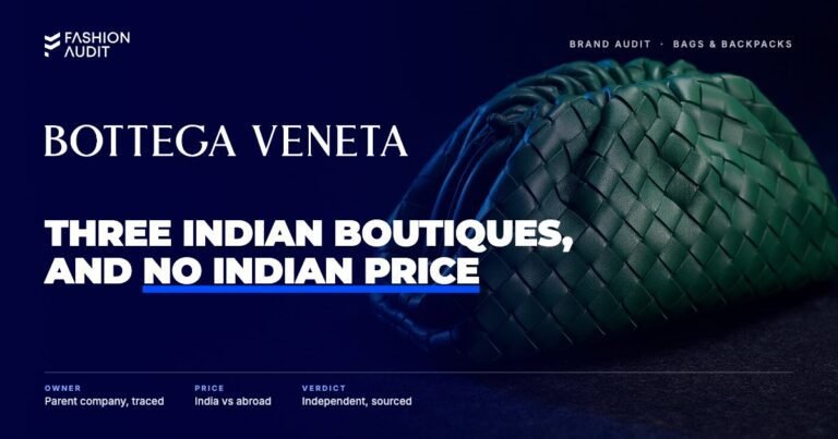 Bottega Veneta brand audit by FashionAudit: Bottega Veneta logo over a soft hand-woven leather pouch bag in deep green