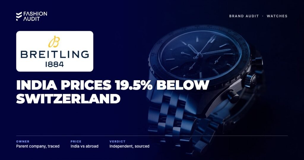 Breitling brand audit by FashionAudit: Breitling logo over a large stainless steel aviation chronograph watch with a slide-rule bezel
