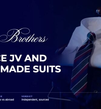 Brooks Brothers brand audit by FashionAudit: Brooks Brothers logo and the headline “Reliance JV and Italian-Made Suits” over a crisp white oxford button-down shirt