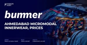 Bummer brand audit by FashionAudit: Bummer logo and the headline “Ahmedabad MicroModal Innerwear, Prices” over colourful printed boxer shorts and briefs fanned out on a bed