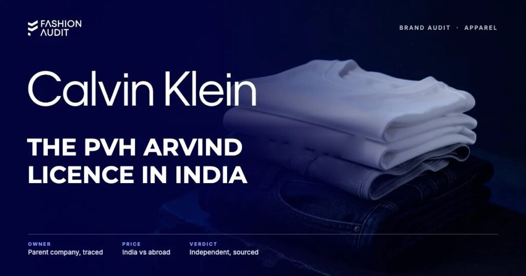 Calvin Klein brand audit by FashionAudit: Calvin Klein logo and the headline “The PVH Arvind Licence in India” over folded minimalist white t-shirts