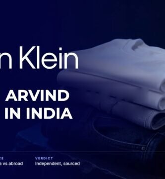 Calvin Klein brand audit by FashionAudit: Calvin Klein logo and the headline “The PVH Arvind Licence in India” over folded minimalist white t-shirts
