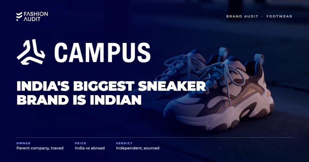Campus brand audit by FashionAudit: Campus logo over a pair of trendy chunky running sneakers on an urban sidewalk at dusk