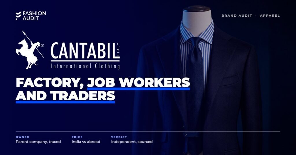 Cantabil brand audit by FashionAudit: Cantabil logo over a men's formal blazer and a striped shirt with a tie on a tailor's mannequin