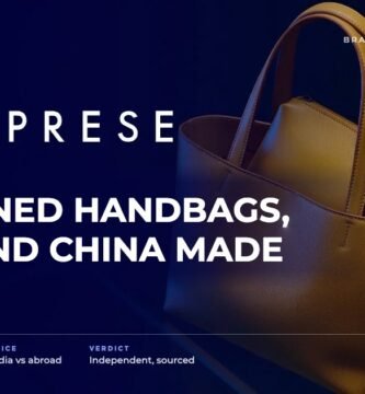 Caprese brand audit by FashionAudit: Caprese logo and the headline “VIP-Owned Handbags, India and China Made” over a chic women's tote bag in mustard yellow with a matching pouch on glass