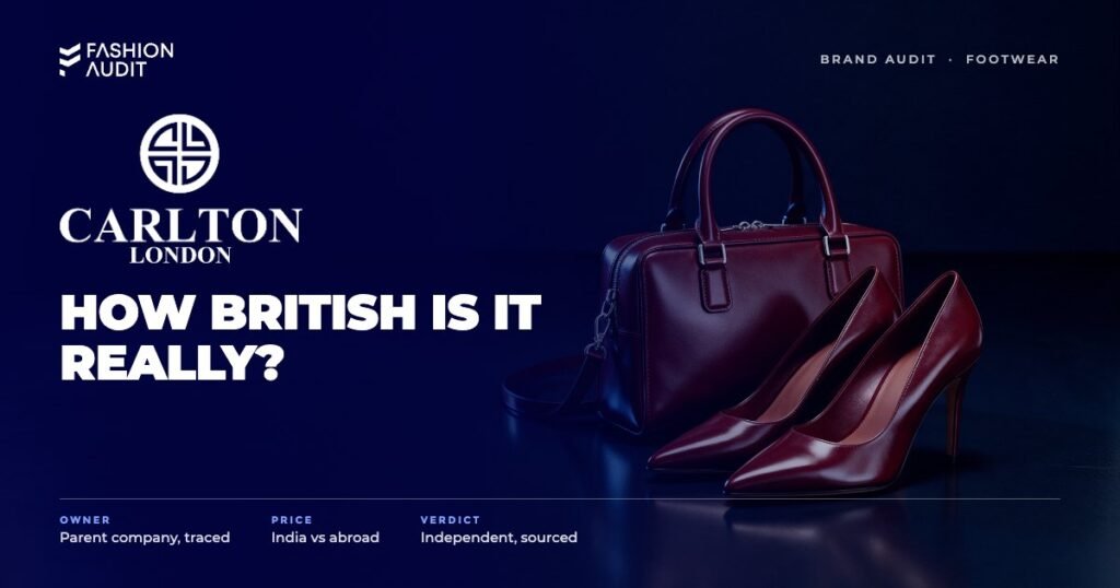 Carlton London brand audit by FashionAudit: Carlton London logo over women's heels and a structured handbag on a polished floor