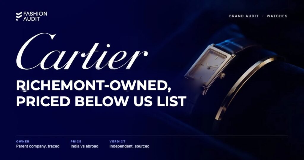 Cartier brand audit by FashionAudit: Cartier logo and the headline “Richemont-Owned, Priced Below US List” over a slim rectangular gold dress watch with a leather strap and a fine gold bangle