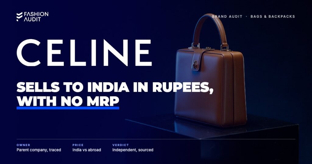 Celine brand audit by FashionAudit: Celine logo over a structured box-shaped leather handbag in tan with a gold clasp
