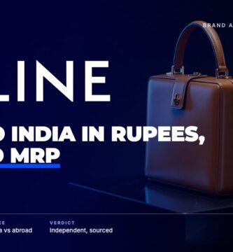 Celine brand audit by FashionAudit: Celine logo over a structured box-shaped leather handbag in tan with a gold clasp