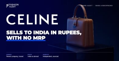 Celine brand audit by FashionAudit: Celine logo over a structured box-shaped leather handbag in tan with a gold clasp