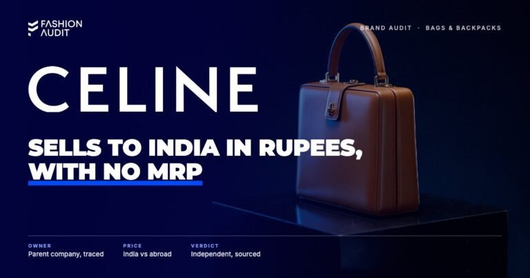 Celine brand audit by FashionAudit: Celine logo over a structured box-shaped leather handbag in tan with a gold clasp