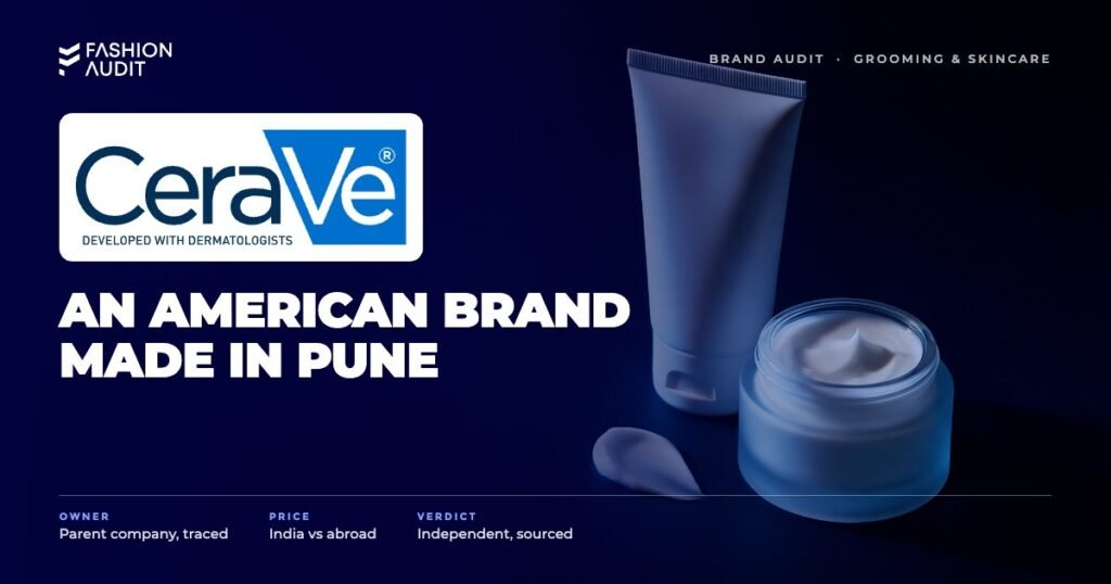 CeraVe brand audit by FashionAudit: CeraVe logo over clinical moisturising cream tubes and jars with a dab of white cream
