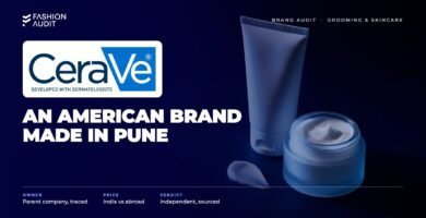 CeraVe brand audit by FashionAudit: CeraVe logo over clinical moisturising cream tubes and jars with a dab of white cream