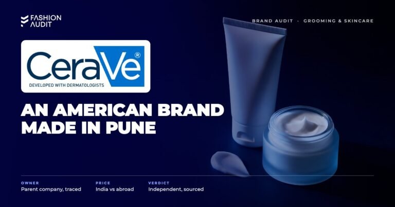 CeraVe brand audit by FashionAudit: CeraVe logo over clinical moisturising cream tubes and jars with a dab of white cream