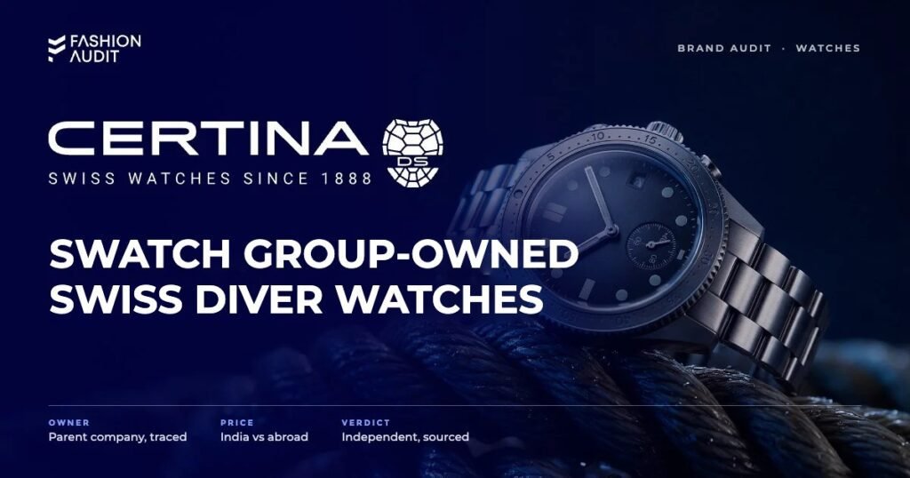 Certina brand audit by FashionAudit: Certina logo and the headline “Swatch Group-Owned Swiss Diver Watches” over a sporty Swiss diver's watch with a steel bracelet on a wet dock rope