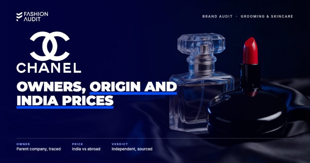 Chanel Beauty brand audit by FashionAudit: Chanel Beauty logo over a perfume bottle, red lipstick and compact
