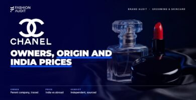 Chanel Beauty brand audit by FashionAudit: Chanel Beauty logo over a perfume bottle, red lipstick and compact