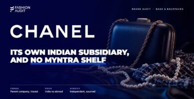 Chanel brand audit by FashionAudit: Chanel logo over a black leather evening bag with a gold chain strap