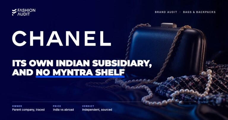 Chanel brand audit by FashionAudit: Chanel logo over a black leather evening bag with a gold chain strap