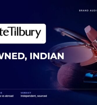 Charlotte Tilbury brand audit by FashionAudit: Charlotte Tilbury logo and the headline “Puig-Owned, Indian Prices” over a rose-gold makeup compact