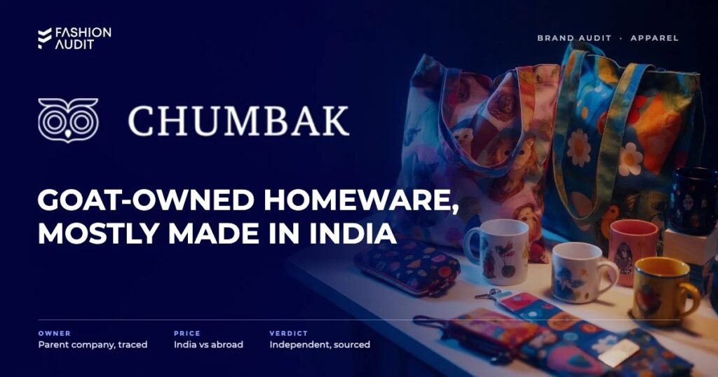 Chumbak brand audit by FashionAudit: Chumbak logo and the headline “GOAT-Owned Homeware, Mostly Made in India” over colourful quirky printed tote bags