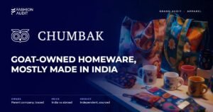 Chumbak brand audit by FashionAudit: Chumbak logo and the headline “GOAT-Owned Homeware, Mostly Made in India” over colourful quirky printed tote bags