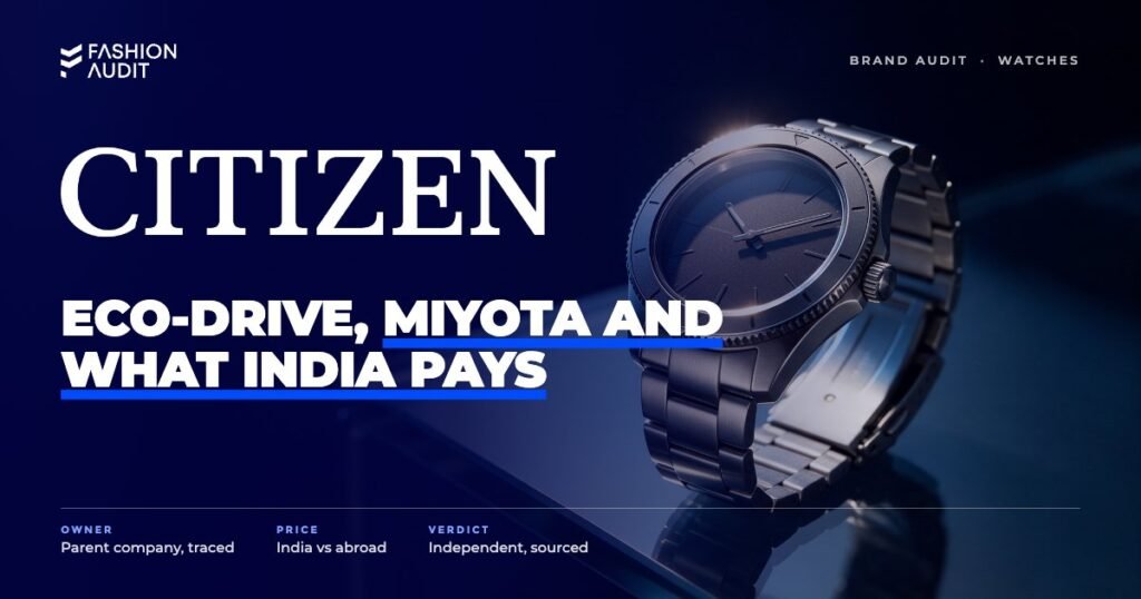 Citizen brand audit by FashionAudit: Citizen logo over a solar-powered steel watch catching sunlight on a glass table