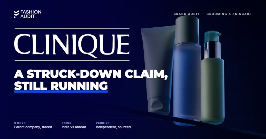 Clinique brand audit by FashionAudit: Clinique logo over a three-step skincare set in pale-green bottles