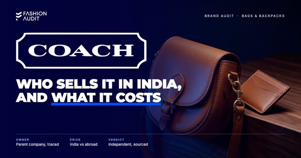 Coach brand audit by FashionAudit: Coach logo over a tan leather saddle bag with brass hardware and a leather card wallet