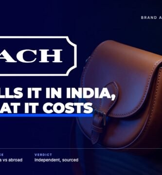 Coach brand audit by FashionAudit: Coach logo over a tan leather saddle bag with brass hardware and a leather card wallet
