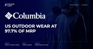 Columbia brand audit by FashionAudit: Columbia logo and the headline “US Outdoor Wear at 97.7% of MRP” over a hiking jacket and fleece on a misty forest trail