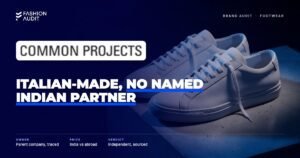 Common Projects brand audit by FashionAudit: Common Projects logo over minimal white leather sneakers