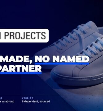 Common Projects brand audit by FashionAudit: Common Projects logo over minimal white leather sneakers