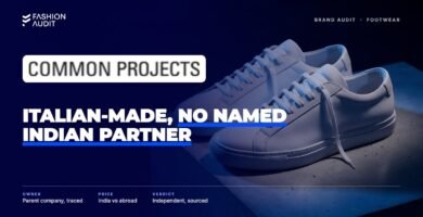 Common Projects brand audit by FashionAudit: Common Projects logo over minimal white leather sneakers