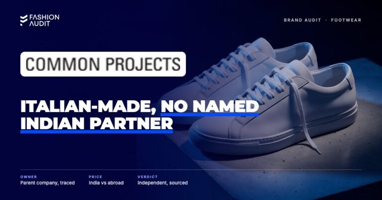 Common Projects brand audit by FashionAudit: Common Projects logo over minimal white leather sneakers