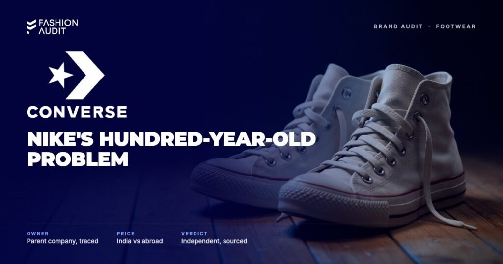 Converse brand audit by FashionAudit: Converse logo over a pair of classic high-top canvas sneakers in off-white with rubber toe caps