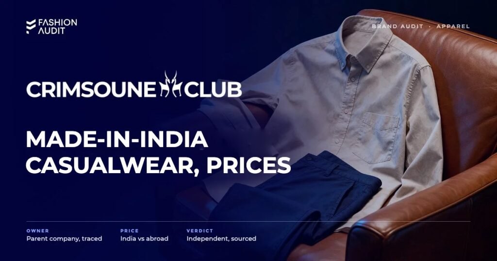 Crimsoune Club brand audit by FashionAudit: Crimsoune Club logo and the headline “Made-in-India Casualwear, Prices” over a crisp printed casual shirt and chinos laid on a leather armchair