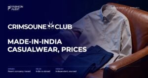 Crimsoune Club brand audit by FashionAudit: Crimsoune Club logo and the headline “Made-in-India Casualwear, Prices” over a crisp printed casual shirt and chinos laid on a leather armchair